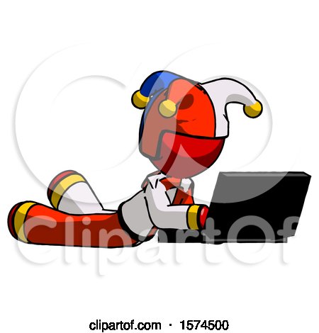 Red Jester Joker Man Using Laptop Computer While Lying on Floor Side Angled View by Leo Blanchette