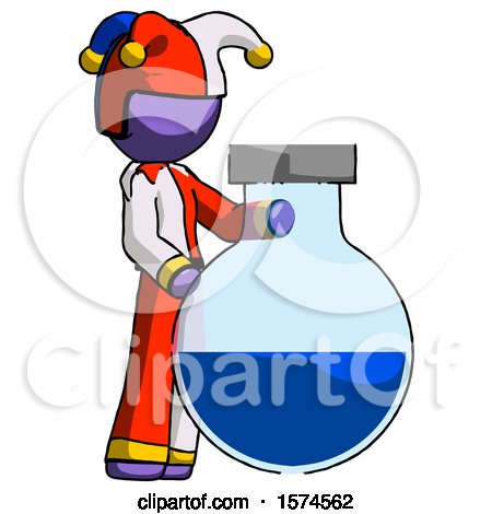 Purple Jester Joker Man Standing Beside Large Round Flask or Beaker by Leo Blanchette