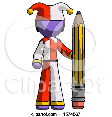 Purple Jester Joker Man with Large Pencil Standing Ready to Write by Leo Blanchette
