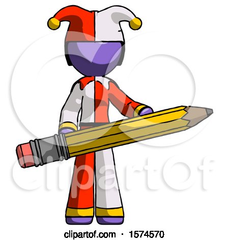 Purple Jester Joker Man Writer or Blogger Holding Large Pencil by Leo Blanchette