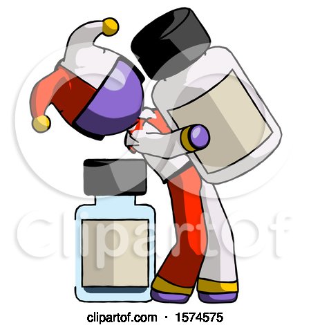 Purple Jester Joker Man Holding Large White Medicine Bottle with Bottle in Background by Leo Blanchette