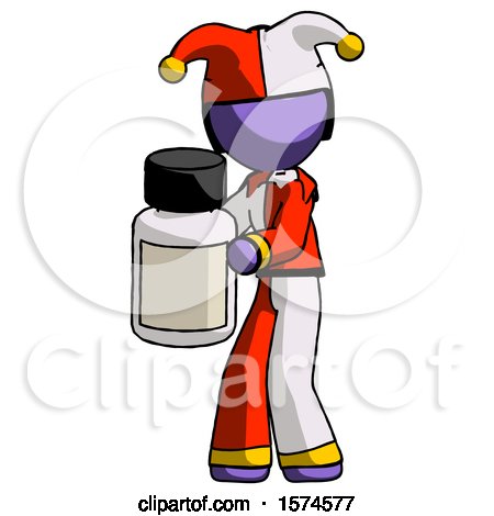 Purple Jester Joker Man Holding White Medicine Bottle by Leo Blanchette