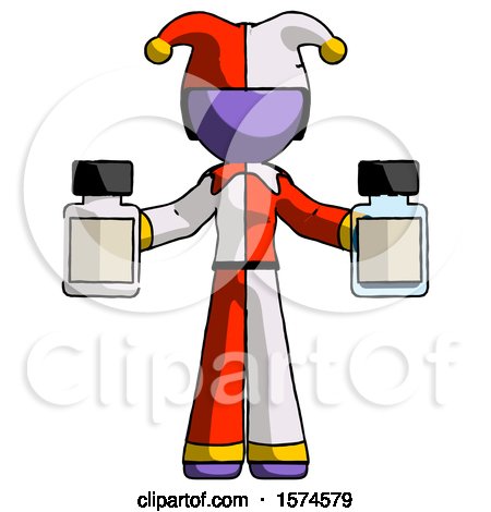 Purple Jester Joker Man Holding Two Medicine Bottles by Leo Blanchette