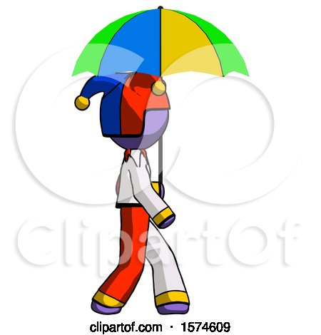 Purple Jester Joker Man Walking with Colored Umbrella by Leo Blanchette