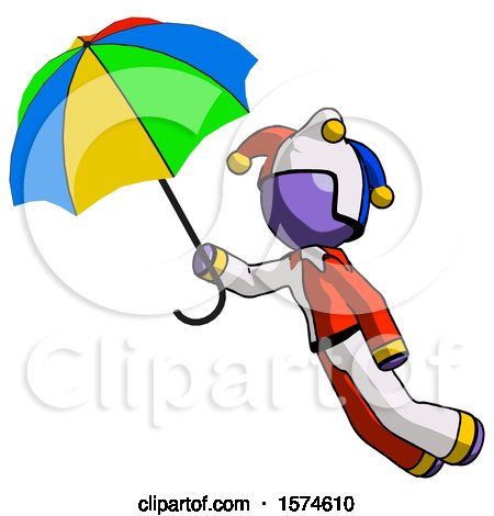 Purple Jester Joker Man Flying with Rainbow Colored Umbrella by Leo Blanchette