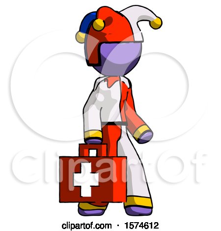 Purple Jester Joker Man Walking with Medical Aid Briefcase to Right by Leo Blanchette