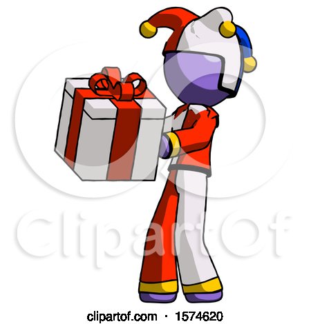 Purple Jester Joker Man Presenting a Present with Large Red Bow on It by Leo Blanchette