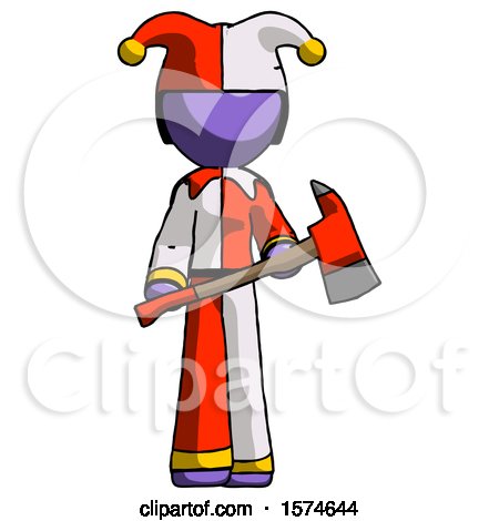 Purple Jester Joker Man Holding Red Fire Fighter's Ax by Leo Blanchette