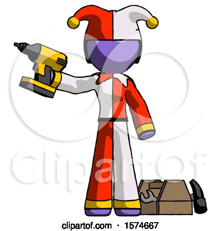 Purple Jester Joker Man Holding Drill Ready to Work, Toolchest and Tools to Right by Leo Blanchette