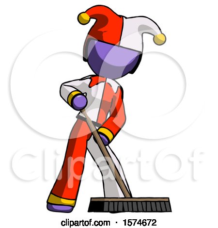 Purple Jester Joker Man Cleaning Services Janitor Sweeping Floor with Push Broom by Leo Blanchette