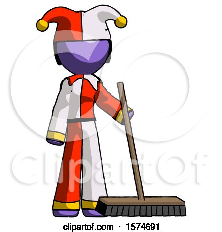 Purple Jester Joker Man Standing with Industrial Broom by Leo Blanchette