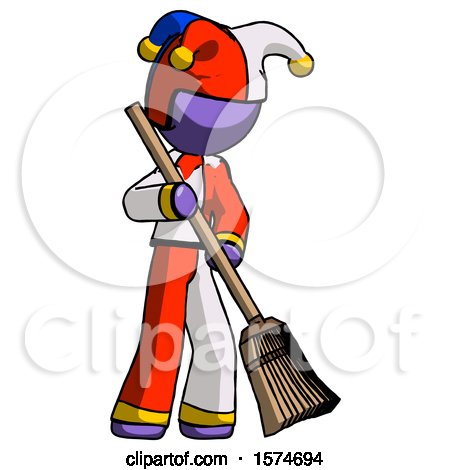 Purple Jester Joker Man Sweeping Area with Broom by Leo Blanchette