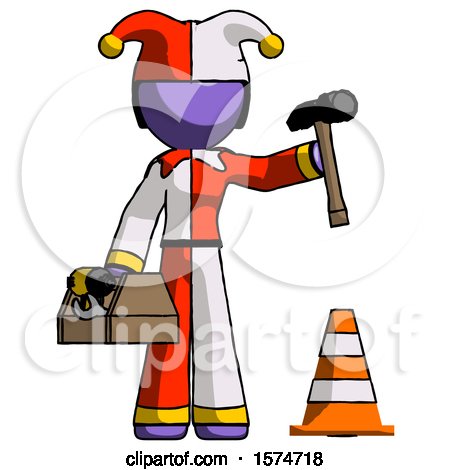 Purple Jester Joker Man Under Construction Concept, Traffic Cone and Tools by Leo Blanchette