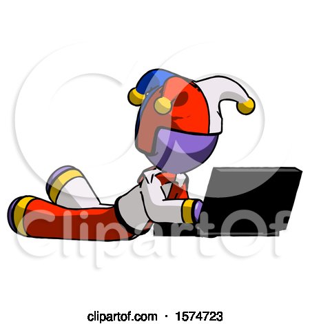Purple Jester Joker Man Using Laptop Computer While Lying on Floor Side Angled View by Leo Blanchette