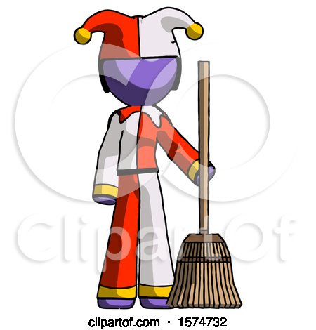 Purple Jester Joker Man Standing with Broom Cleaning Services by Leo Blanchette