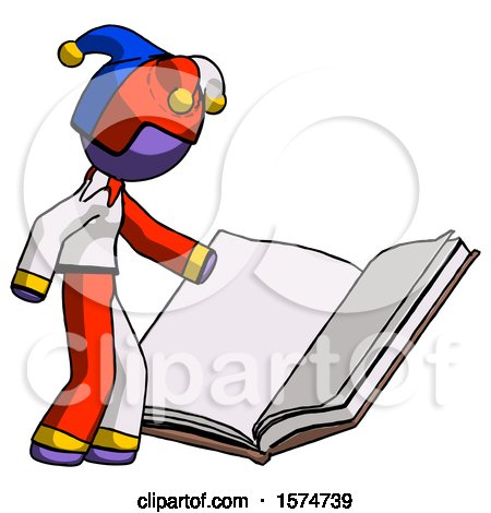 Purple Jester Joker Man Reading Big Book While Standing Beside It by Leo Blanchette