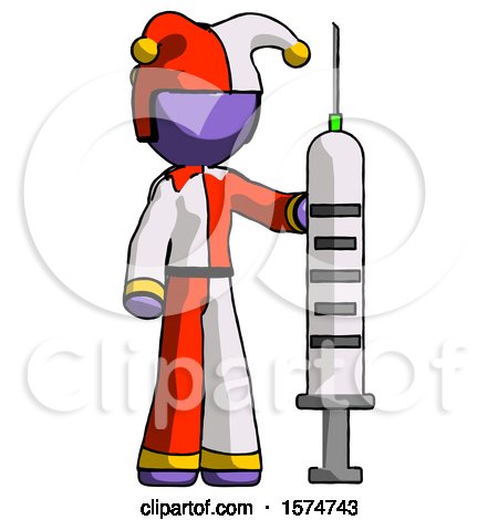 Purple Jester Joker Man Holding Large Syringe by Leo Blanchette