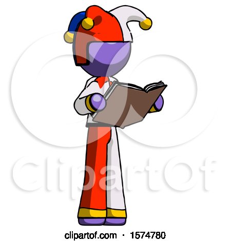 Purple Jester Joker Man Reading Book While Standing up Facing Away by Leo Blanchette