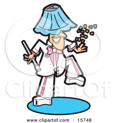 Silly Man In A White And Pink Uniform, Dancing With A Lamp Shade On His Head And Throwing Confetti Clipart Illustration by Andy Nortnik