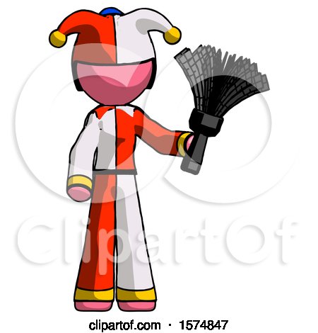 Pink Jester Joker Man Holding Feather Duster Facing Forward by Leo Blanchette