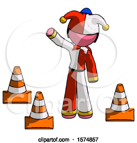 Pink Jester Joker Man Standing by Traffic Cones Waving by Leo Blanchette