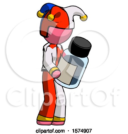 Pink Jester Joker Man Holding Glass Medicine Bottle by Leo Blanchette