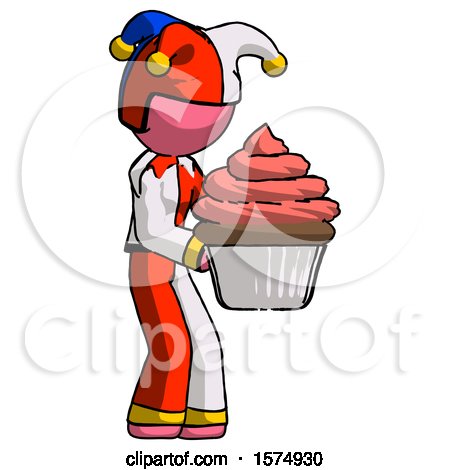 Pink Jester Joker Man Holding Large Cupcake Ready to Eat or Serve by Leo Blanchette