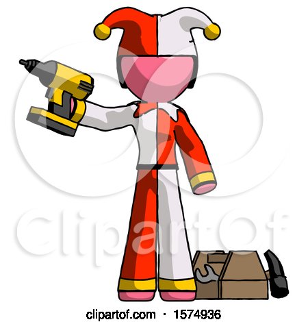 Pink Jester Joker Man Holding Drill Ready to Work, Toolchest and Tools to Right by Leo Blanchette