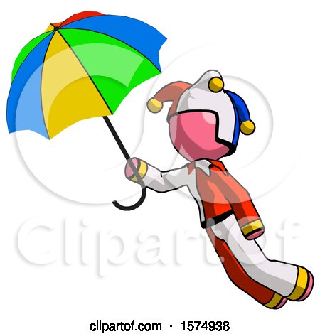 Pink Jester Joker Man Flying with Rainbow Colored Umbrella by Leo Blanchette