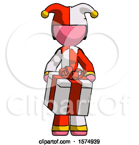 Pink Jester Joker Man Gifting Present with Large Bow Front View by Leo Blanchette
