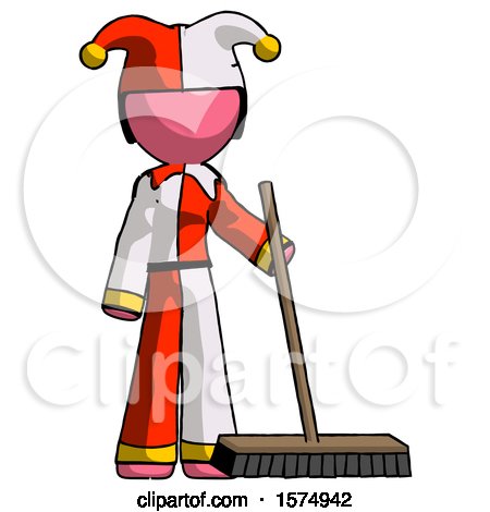 Pink Jester Joker Man Standing with Industrial Broom by Leo Blanchette