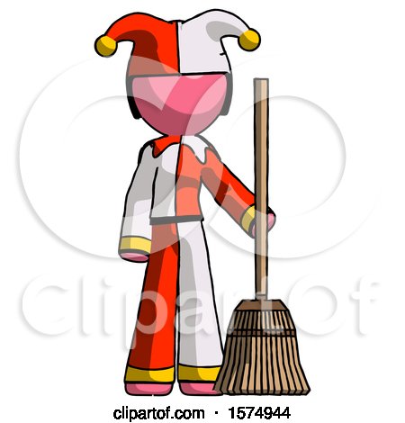 Pink Jester Joker Man Standing with Broom Cleaning Services by Leo Blanchette