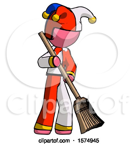 Pink Jester Joker Man Sweeping Area with Broom by Leo Blanchette
