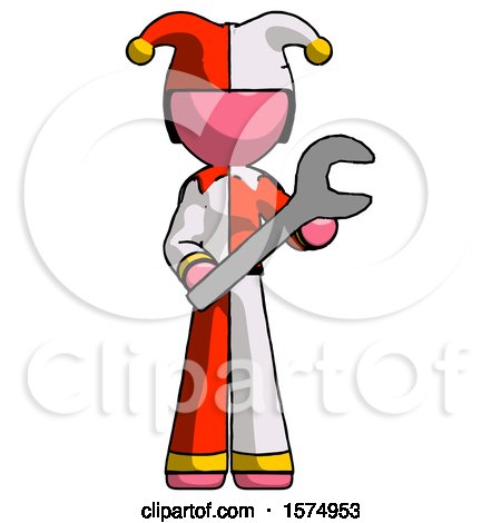 Pink Jester Joker Man Holding Large Wrench with Both Hands by Leo Blanchette