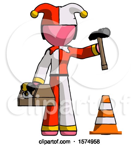 Pink Jester Joker Man Under Construction Concept, Traffic Cone and Tools by Leo Blanchette