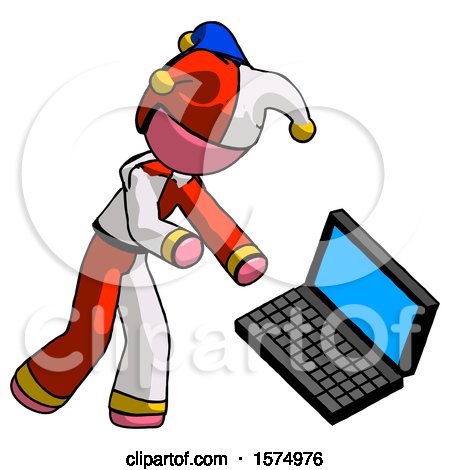 Pink Jester Joker Man Throwing Laptop Computer in Frustration by Leo Blanchette