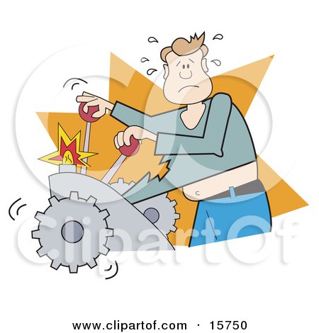 Nervous Man Operating A Machine And Getting His Shirt Ripped Off After Not Being Careful Clipart Illustration by Andy Nortnik