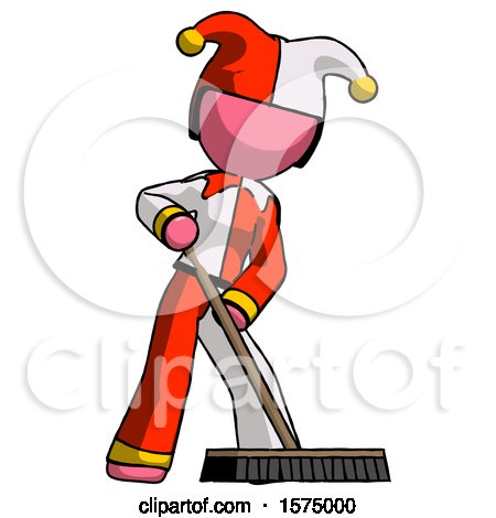 Pink Jester Joker Man Cleaning Services Janitor Sweeping Floor with Push Broom by Leo Blanchette