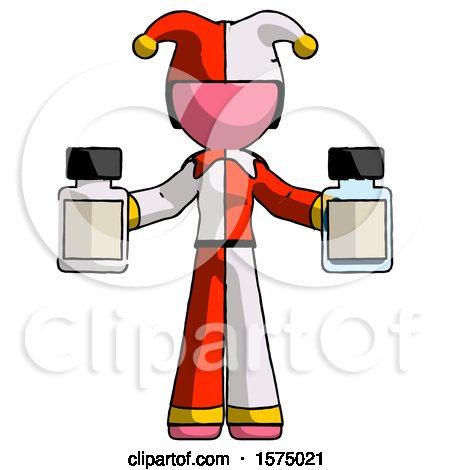 Pink Jester Joker Man Holding Two Medicine Bottles by Leo Blanchette