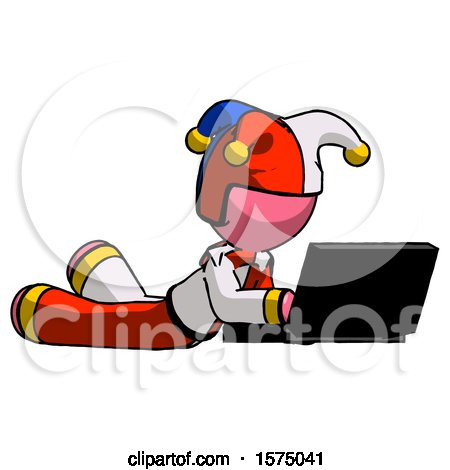 Pink Jester Joker Man Using Laptop Computer While Lying on Floor Side Angled View by Leo Blanchette