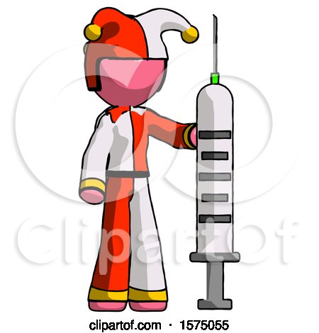 Pink Jester Joker Man Holding Large Syringe by Leo Blanchette