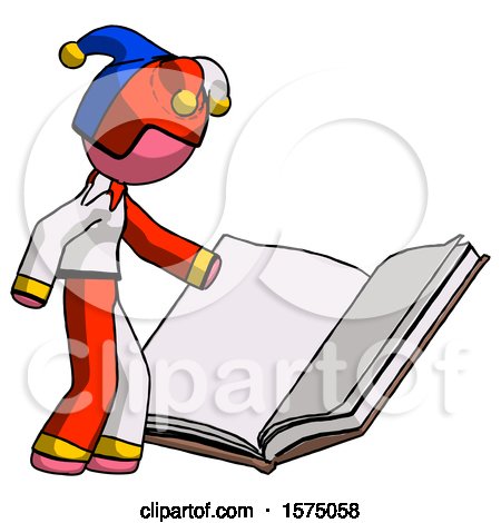 Pink Jester Joker Man Reading Big Book While Standing Beside It by Leo Blanchette