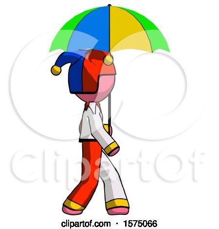 Pink Jester Joker Man Walking with Colored Umbrella by Leo Blanchette