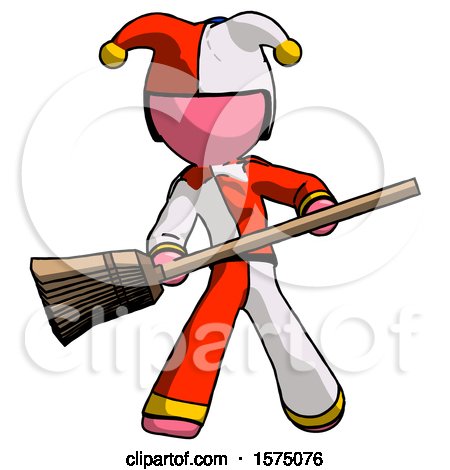 Pink Jester Joker Man Broom Fighter Defense Pose by Leo Blanchette