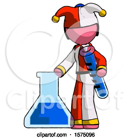 Pink Jester Joker Man Holding Test Tube Beside Beaker or Flask by Leo Blanchette