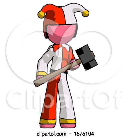 Pink Jester Joker Man with Sledgehammer Standing Ready to Work or Defend by Leo Blanchette