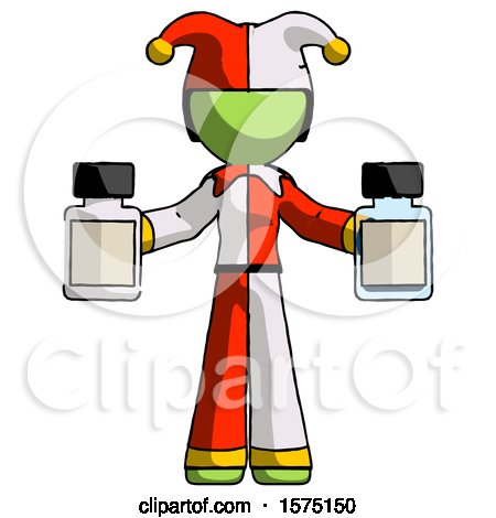 Green Jester Joker Man Holding Two Medicine Bottles by Leo Blanchette