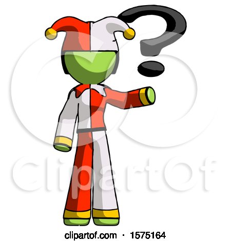 Green Jester Joker Man Holding Question Mark to Right by Leo Blanchette