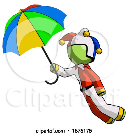Green Jester Joker Man Flying with Rainbow Colored Umbrella by Leo Blanchette