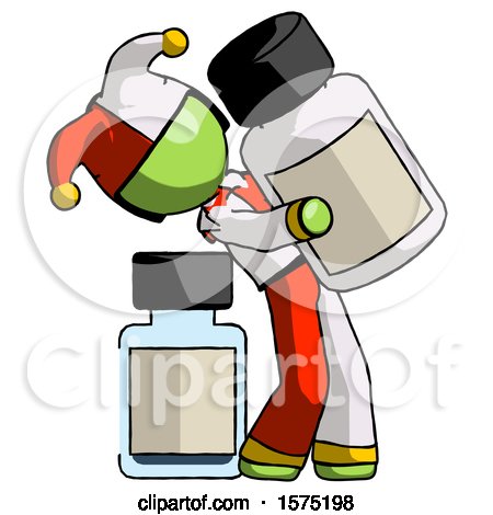 Green Jester Joker Man Holding Large White Medicine Bottle with Bottle in Background by Leo Blanchette
